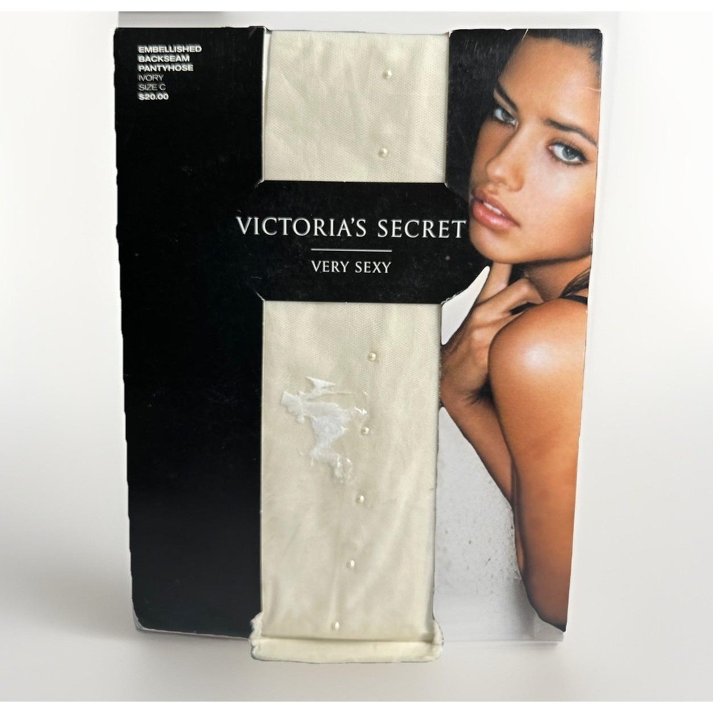 RARE Y2K Victoria Secret IVORY Embellished Pearl Backseam Pantyhose Size C